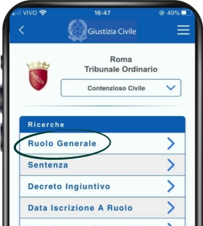 Após escolher o seu tribunal, clique em Ruolo Generale.